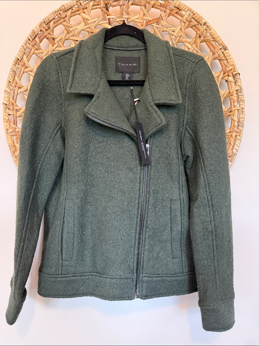 Tahari Women's Forest Green Wool Blend Moto Zip Jacket